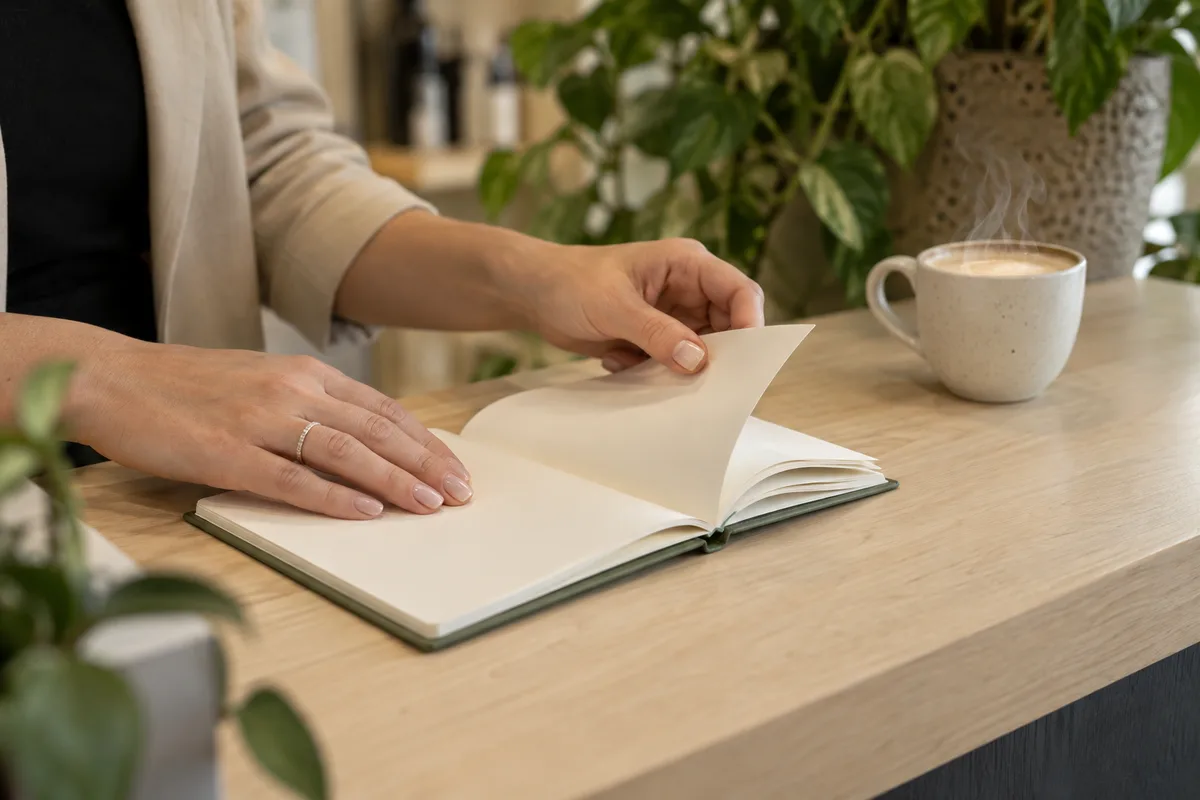 Mains d&rsquo;une gérante de salon feuilletant un carnet à couverture unie sur le comptoir d&rsquo;accueil, tasse de café à côté
