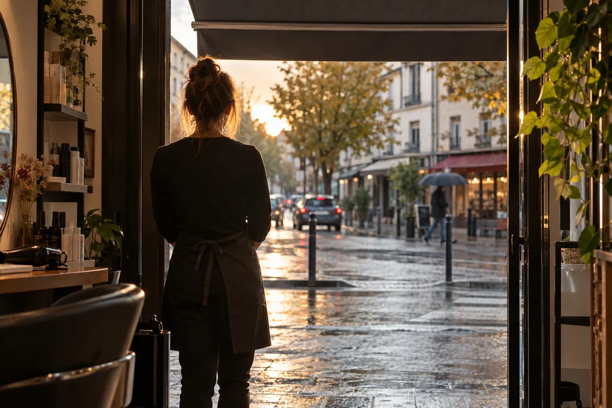 Coiffeuse vue de dos sur le pas de la porte de son salon, rue commerçante de banlieue lyonnaise en fin de journée