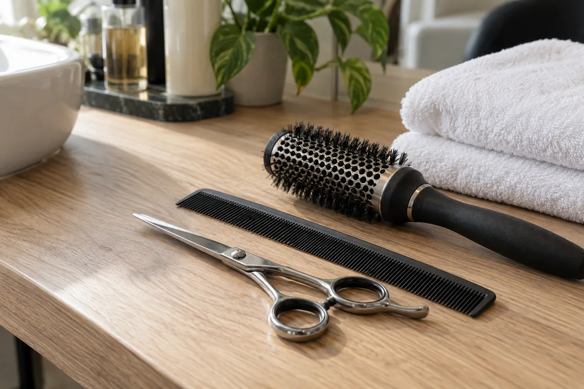 Ciseaux, peigne et brosse ronde rangés sur un plan de travail en bois clair près de serviettes pliées