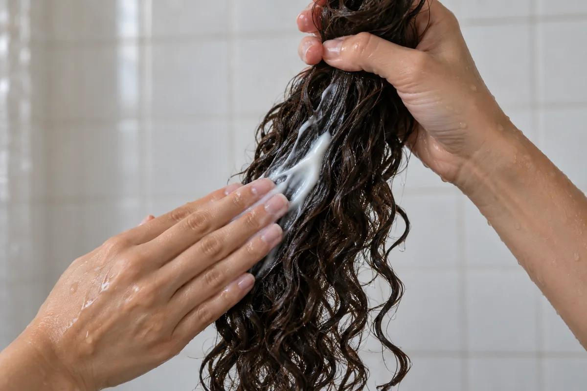 Mains appliquant une crème blanche sur une longue mèche bouclée et mouillée, gouttes d’eau sur les boucles, salle de bains claire en arrière-plan