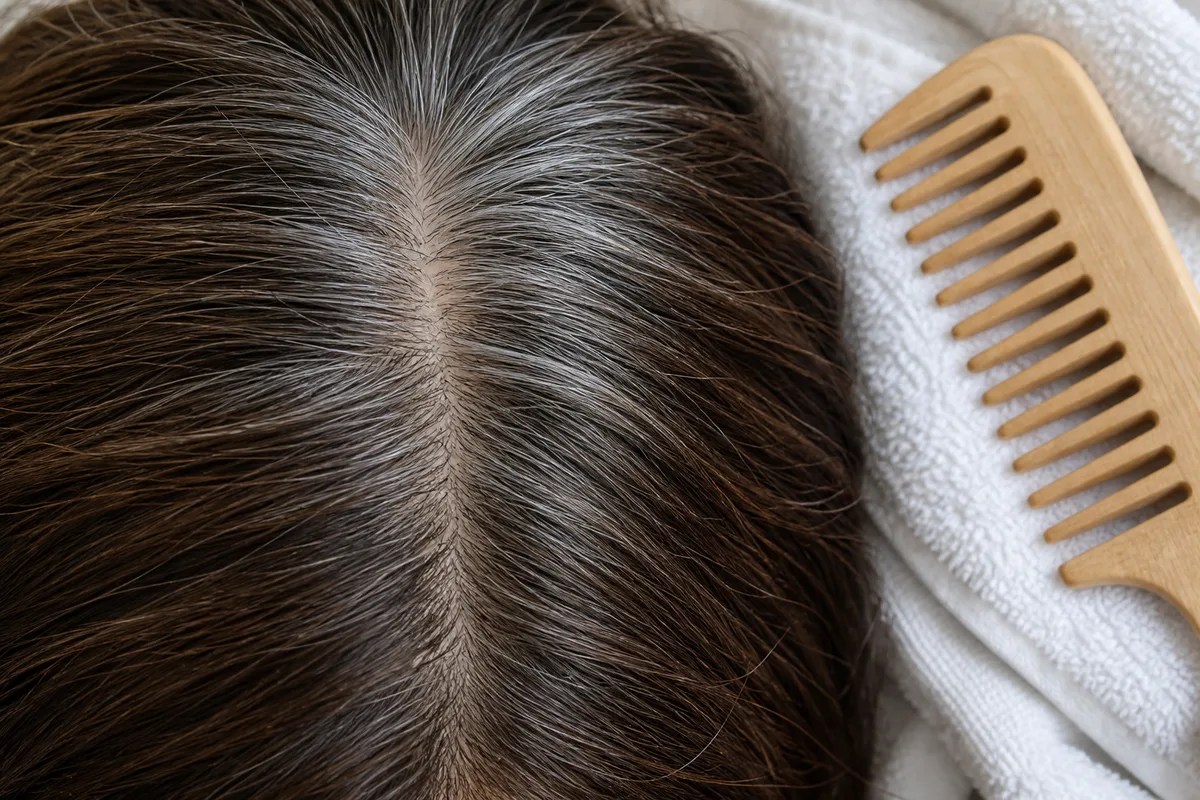 Gros plan sur une raie de cheveux montrant une repousse argentée sous des longueurs plus foncées, peigne à dents larges posé à côté
