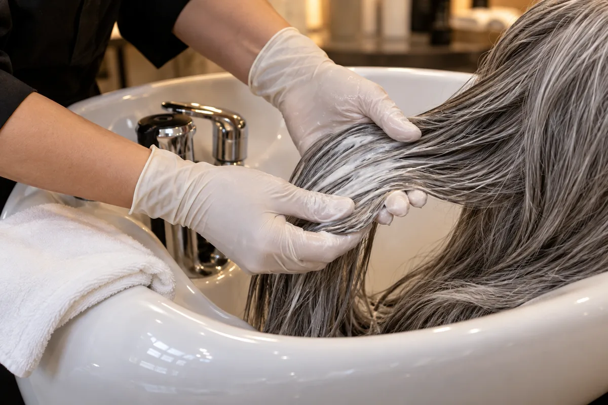 Mains d&rsquo;une coiffeuse appliquant un soin hydratant sur des longueurs grises au-dessus d&rsquo;un bac de salon