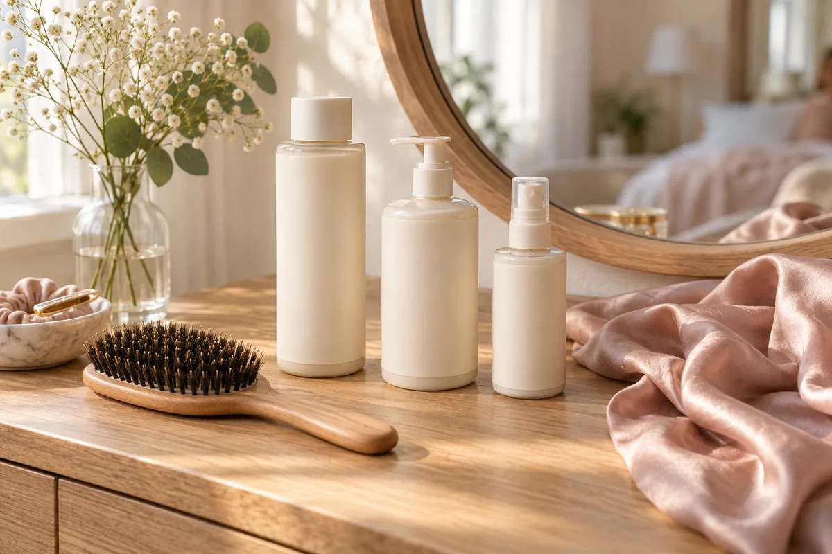 Flacons unis, brosse en poils naturels et foulard en soie posés sur une coiffeuse en bois clair