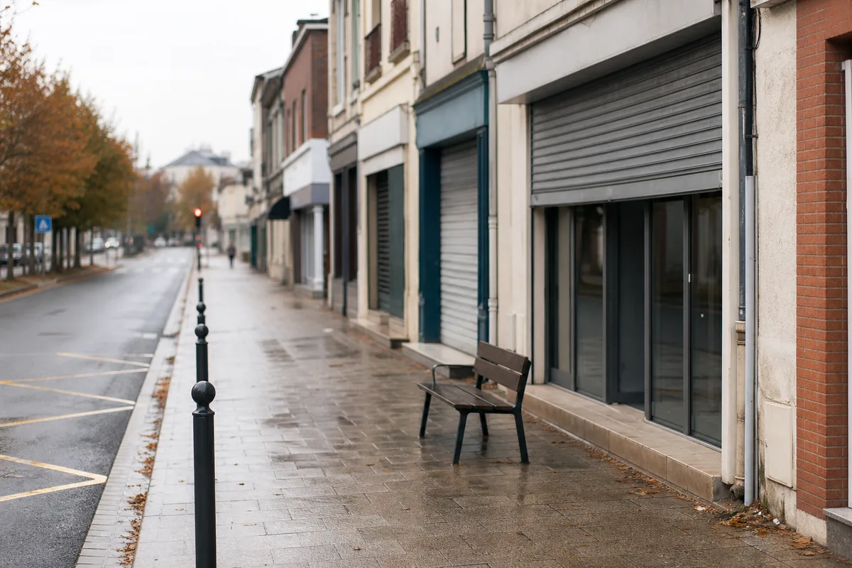 Rue commerçante d&rsquo;une commune de banlieue lyonnaise en matinée, devantures de commerces de proximité alignées, trottoir humide, aucune personne au premier plan