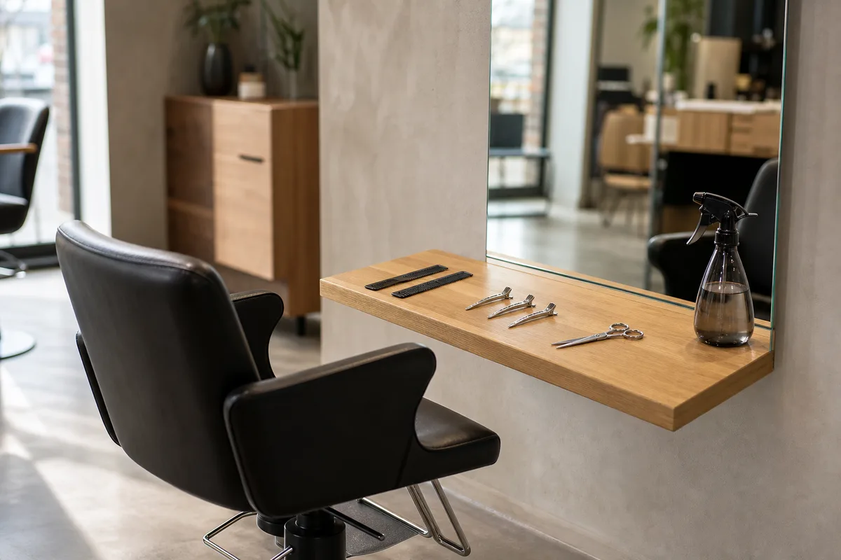 Poste de travail d&rsquo;un salon de coiffure, fauteuil vide face à un miroir, peignes et pinces posés sur la tablette, lumière naturelle latérale