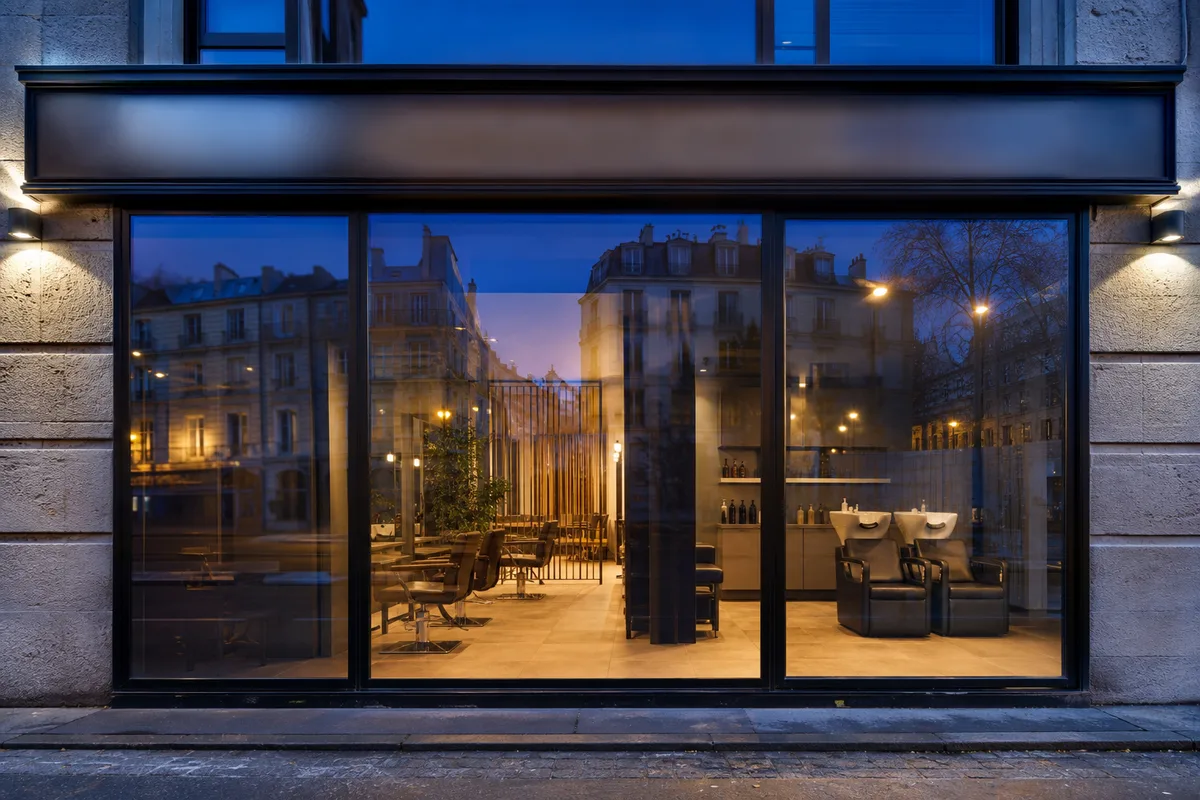 Devanture vitrée d&rsquo;un salon de coiffure en fin de journée, reflets de la rue sur la vitre, enseigne sans texte lisible, arrière-plan urbain flou
