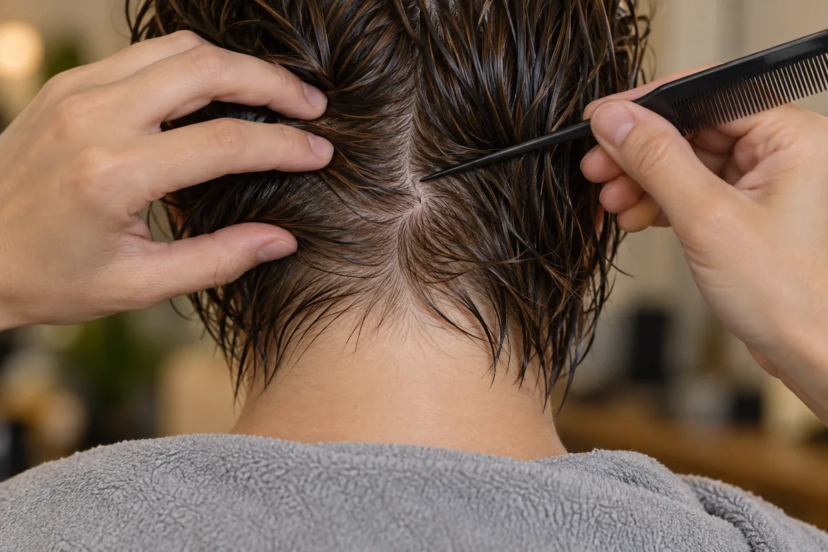 Mains d’un coiffeur séparant des cheveux châtains mouillés à la nuque pour repérer le sens de pousse, vue rapprochée de dos