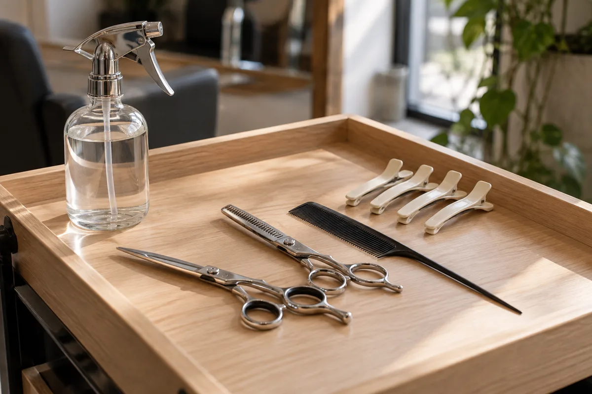 Ciseaux de coiffure, peigne à queue et pinces posés sur une desserte de salon en bois clair, lumière naturelle douce