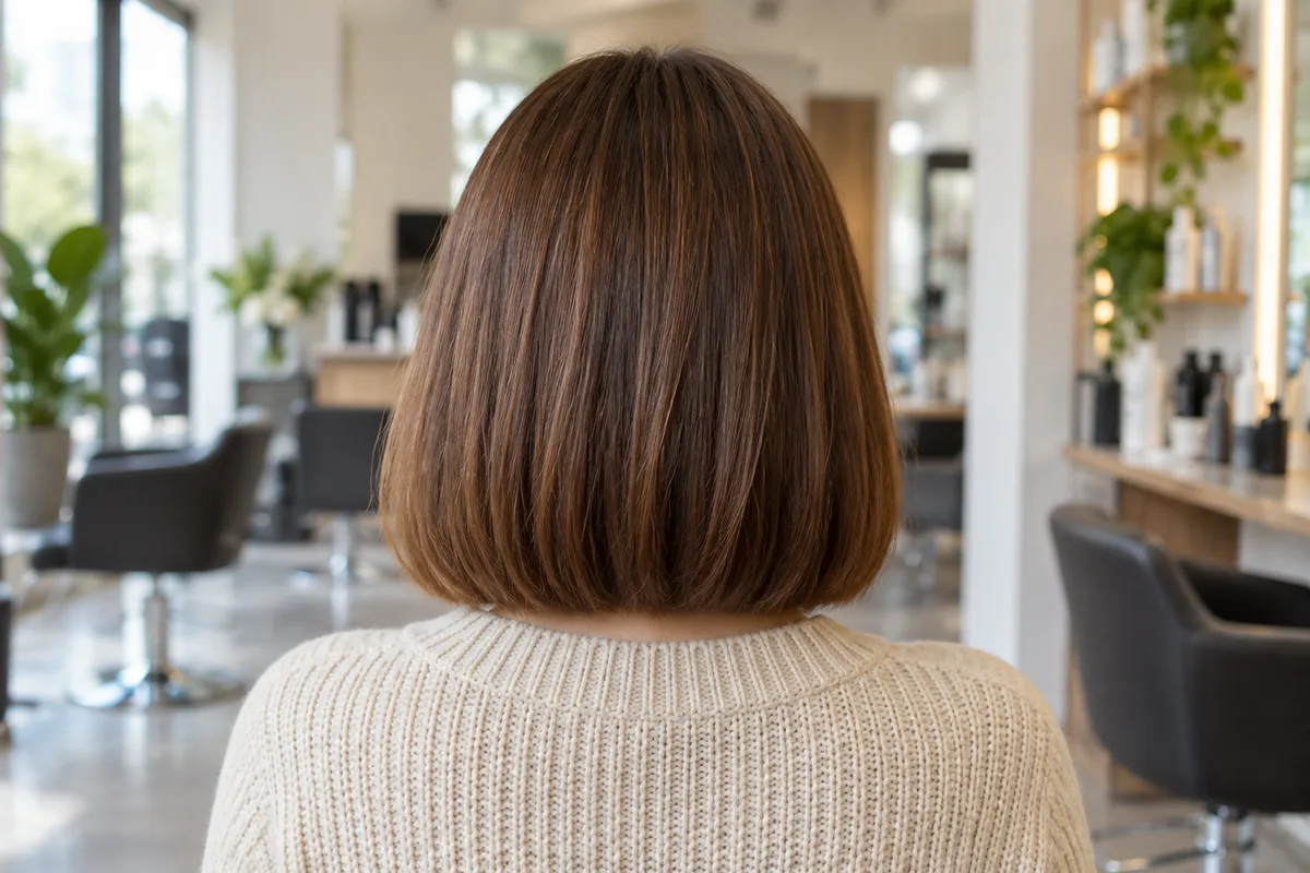 Carré mi-long châtain fraîchement coupé vu de dos, pointes nettes, lumière naturelle d’un salon clair