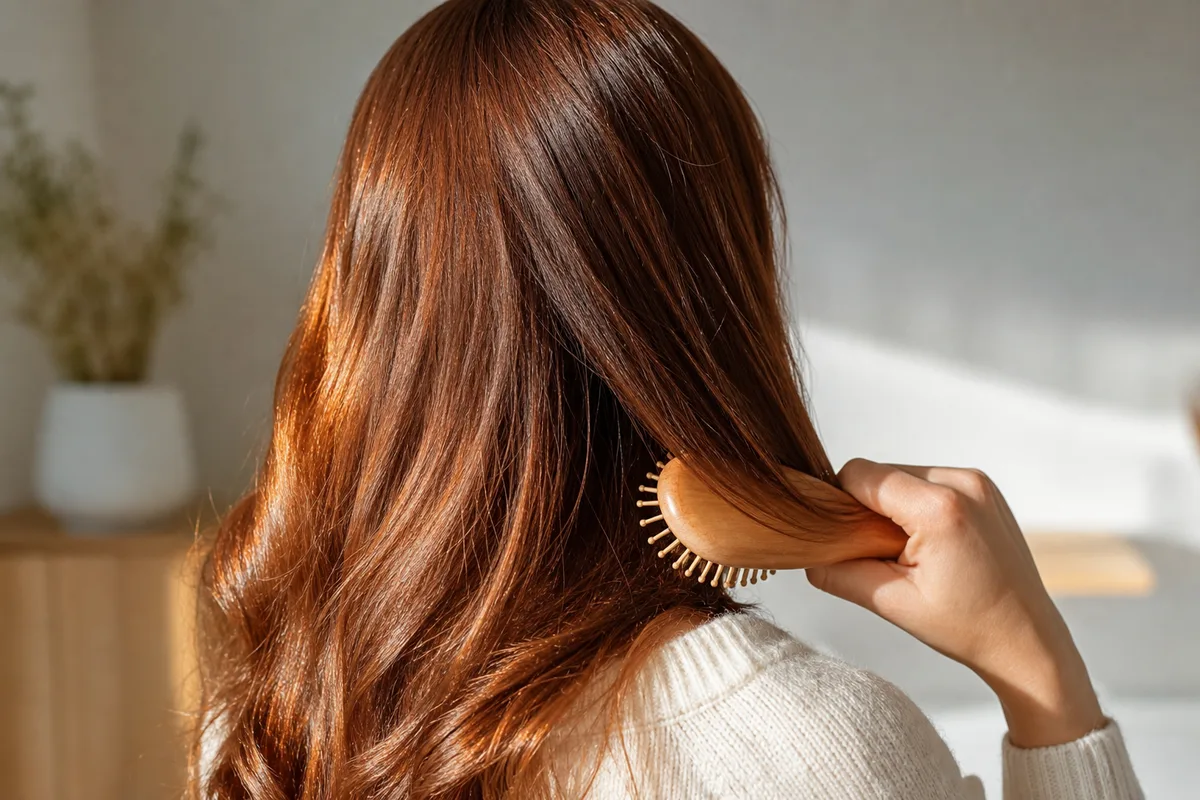 Cheveux longs aux reflets cuivrés brillants après une coloration végétale, coiffés en brushing naturel