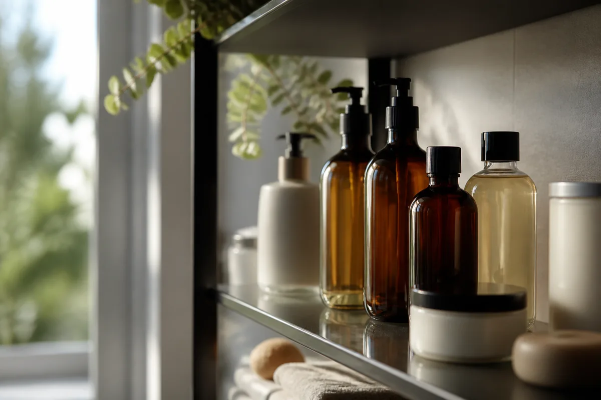 Étagère de salle de bain avec flacons de soins capillaires sans étiquette lisible, reflets de lumière naturelle sur le verre