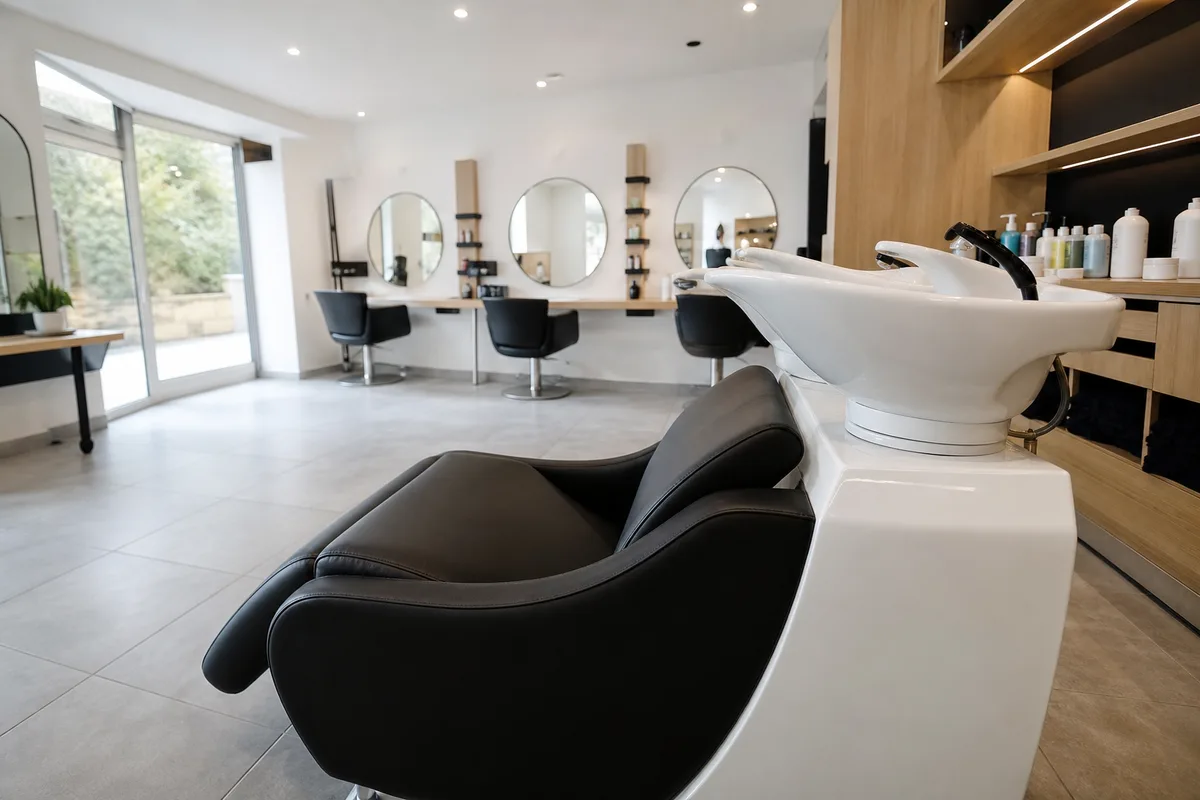 Salon de coiffure français lumineux, bac de lavage vide au premier plan, lumière naturelle