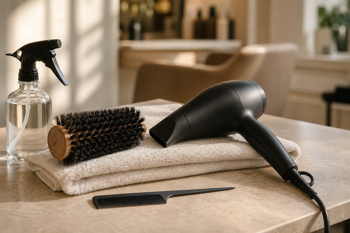 Brosse ronde et sèche-cheveux professionnel posés sur une serviette claire, ambiance douce