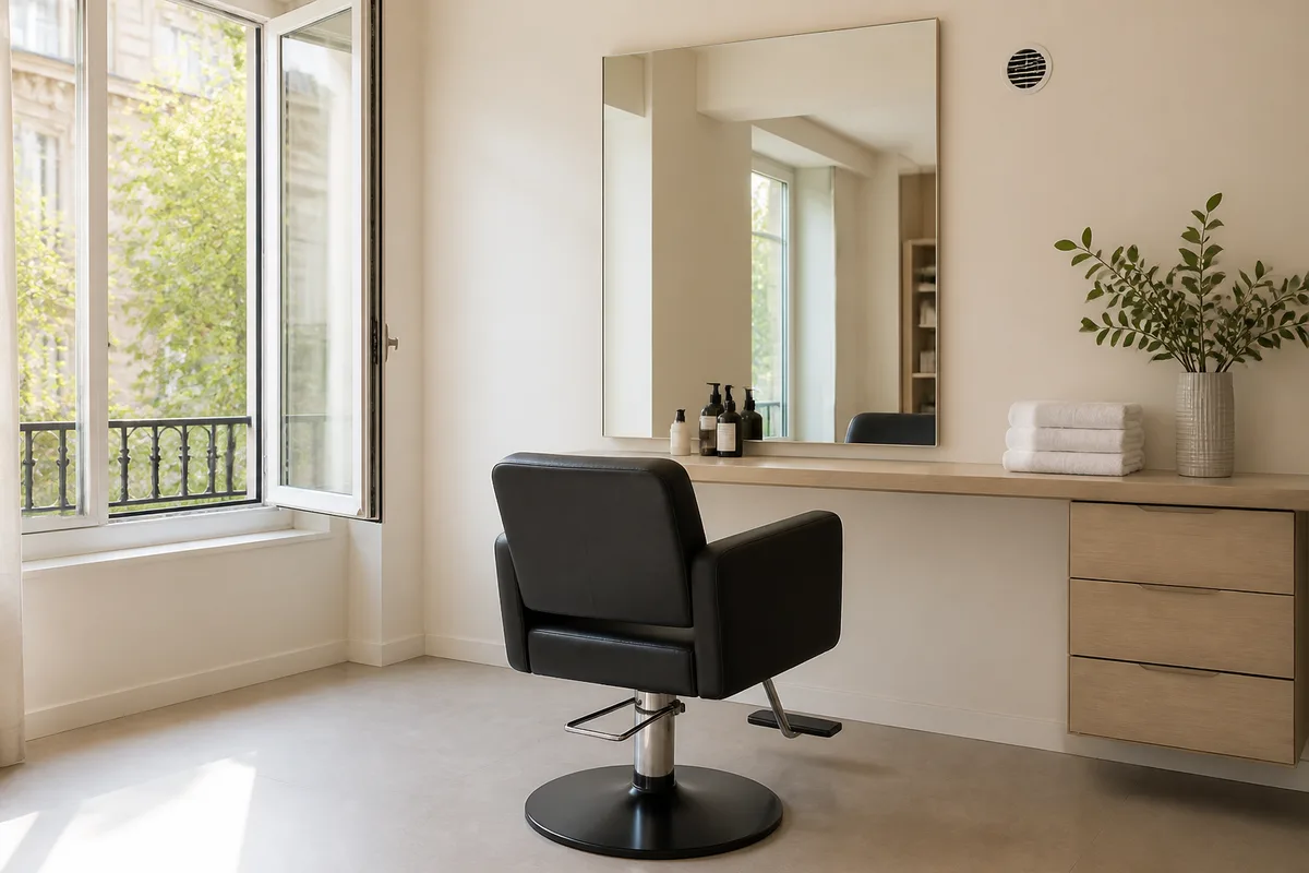 Poste de coiffage près d’une fenêtre entrouverte, fauteuil vide, aspiration murale et serviettes pliées, lumière du matin