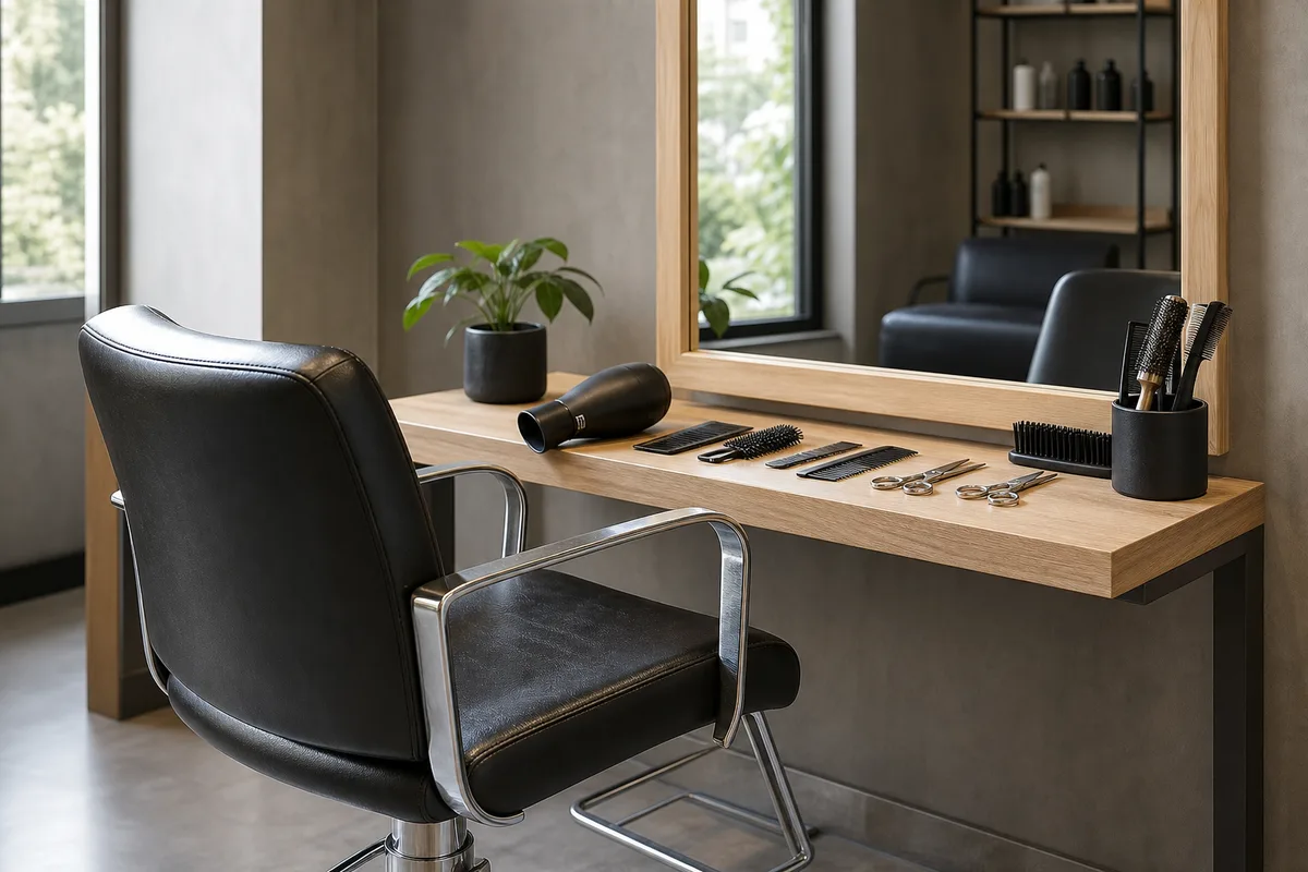 Intérieur lumineux d&rsquo;un salon de coiffure moderne avec fauteuils vides devant de grands miroirs, plan de travail en bois clair, aucune personne présente