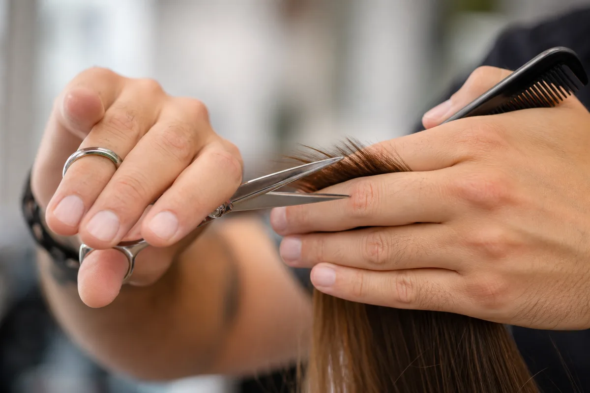 Mains d&rsquo;un coiffeur coupant une mèche de cheveux bruns au ciseau, cadrage serré sur les mains et le peigne, fond de salon flou