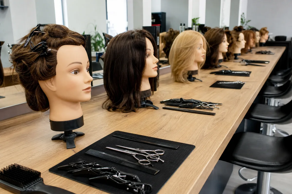 Têtes de mannequin d&rsquo;exercice alignées sur un plan de travail d&rsquo;un salon d&rsquo;application de formation coiffure, peignes et ciseaux posés à côté, aucune personne