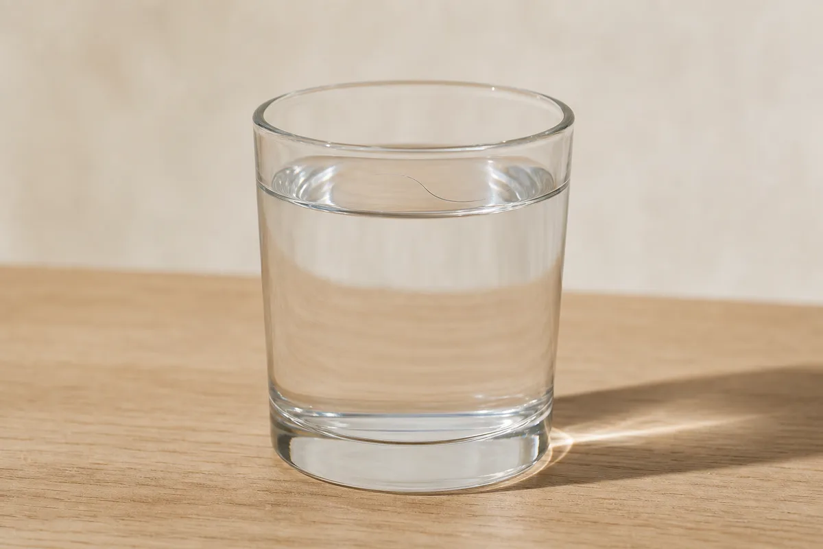 Verre d’eau posé sur un plan de travail clair, un cheveu isolé à la surface, lumière naturelle latérale