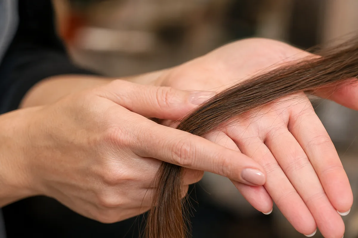 Mains d’une coiffeuse faisant glisser une mèche de cheveux entre deux doigts, cadrage serré sur les mains, fond de salon flou