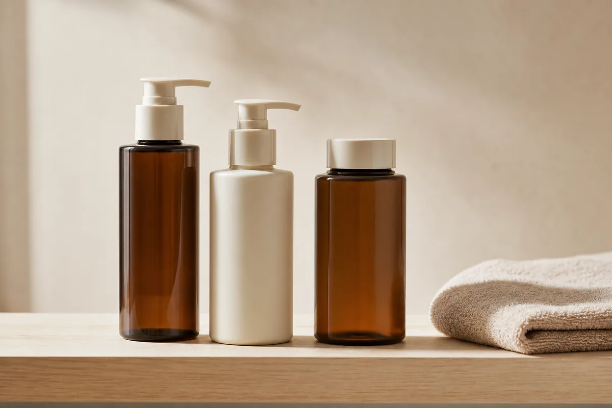 Flacons de soin sans étiquette alignés sur une tablette de salon de coiffure, matières mates, éclairage doux