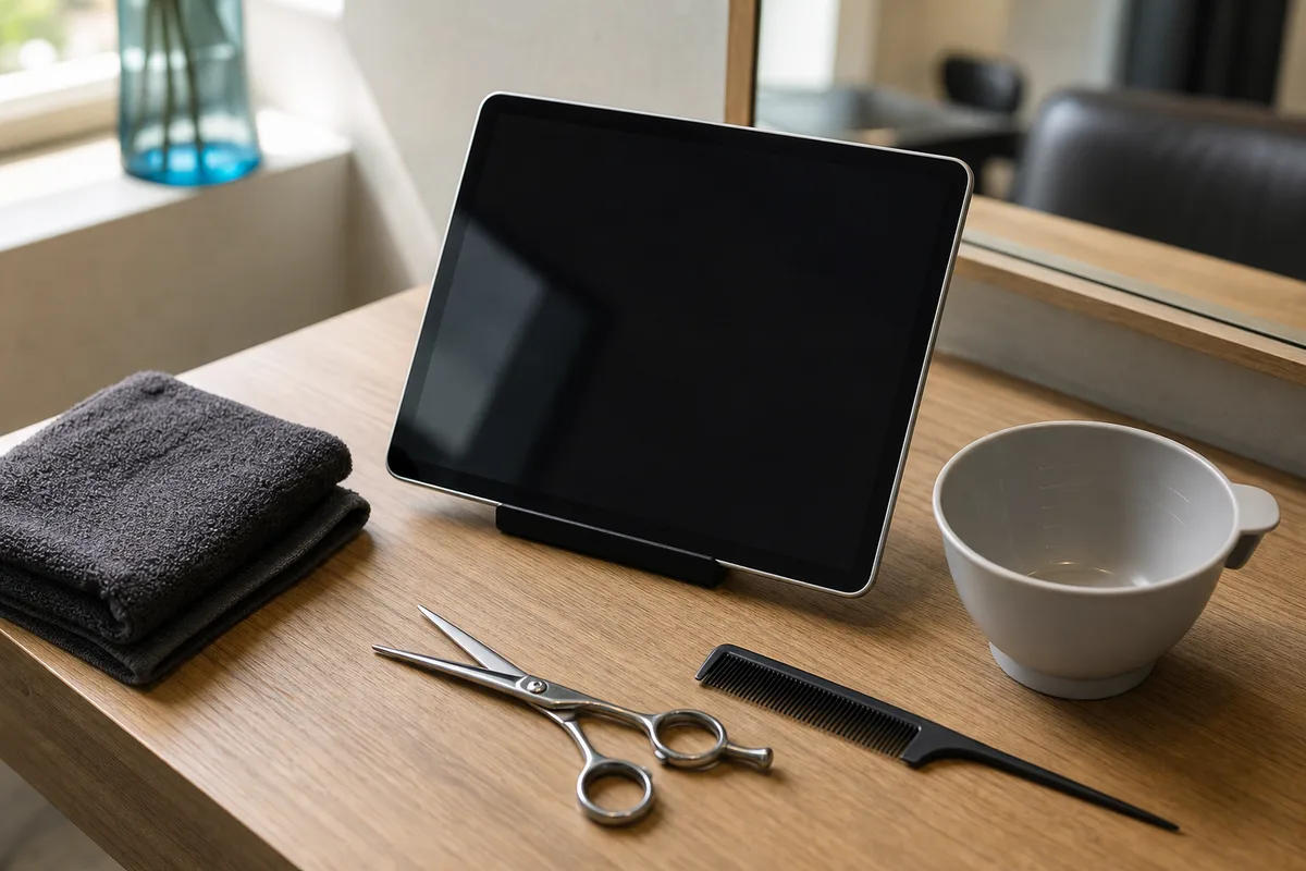 Tablette posée sur un plan de travail de salon de coiffure à côté de ciseaux et d&rsquo;un peigne, écran éteint reflétant la lumière du jour