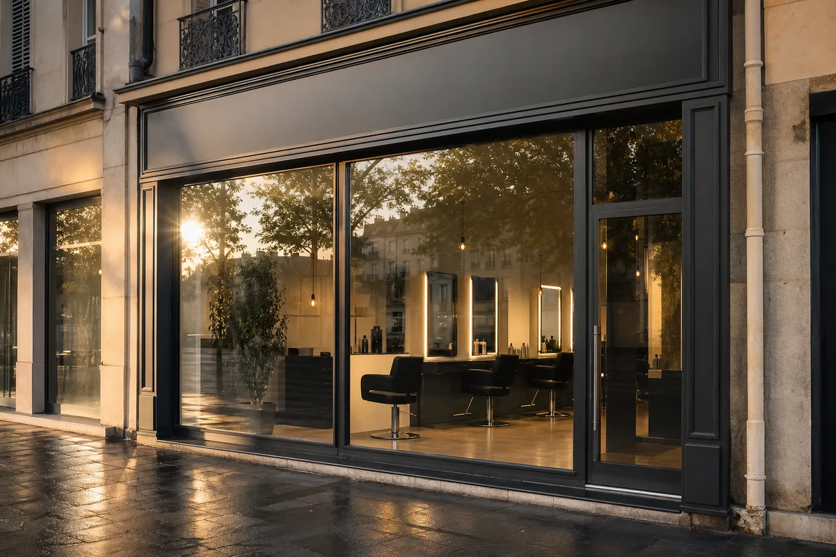 Devanture vitrée d&rsquo;un salon de coiffure de centre-ville en fin de journée, reflets de la rue, enseigne sans texte lisible, aucun passant au premier plan