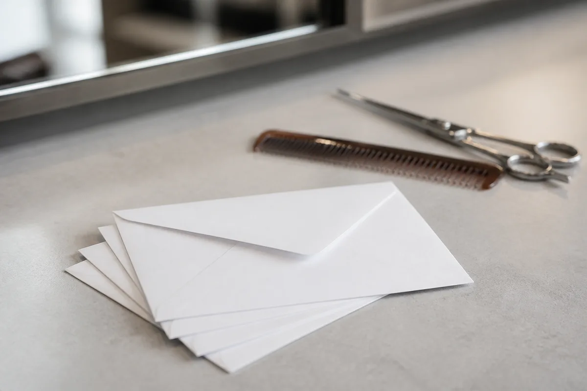 Enveloppes blanches vierges empilées près d&rsquo;un peigne sur un plan de travail de salon, cadrage rapproché, lumière douce